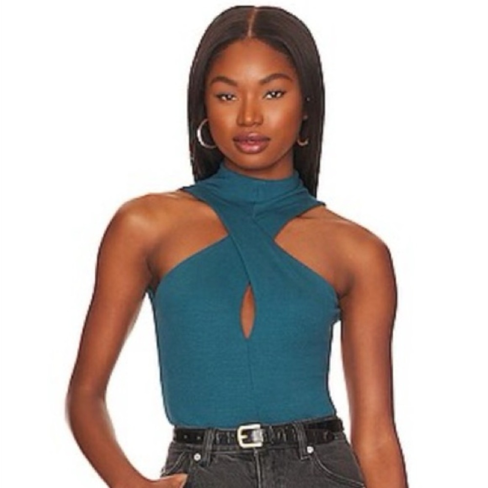 ALIX NYC Eva Teal Ribbed Halter Bodysuit